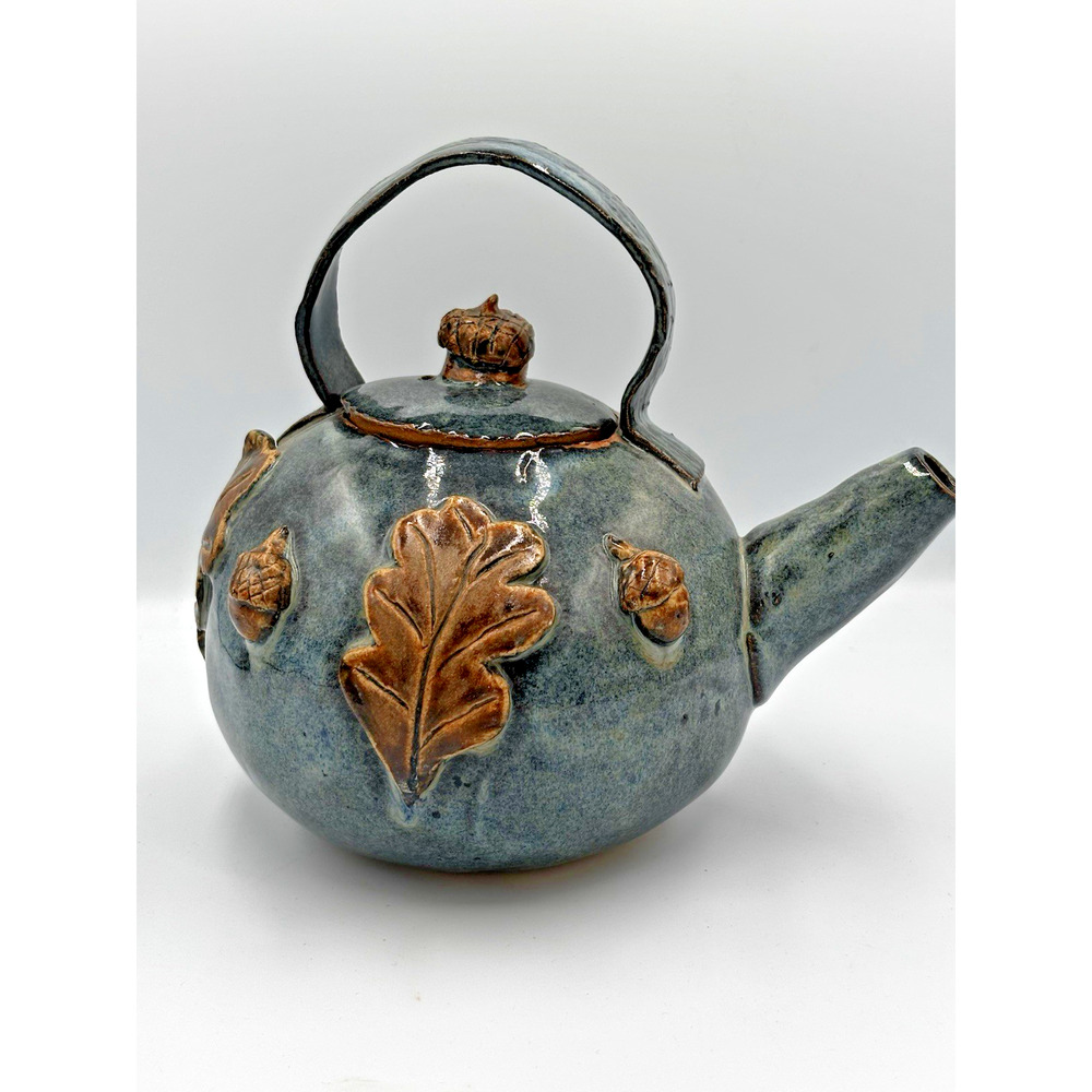 Studio Pottery Tea Pot Whimsical Acorn on the Lid Oak Leaves Molded Handle